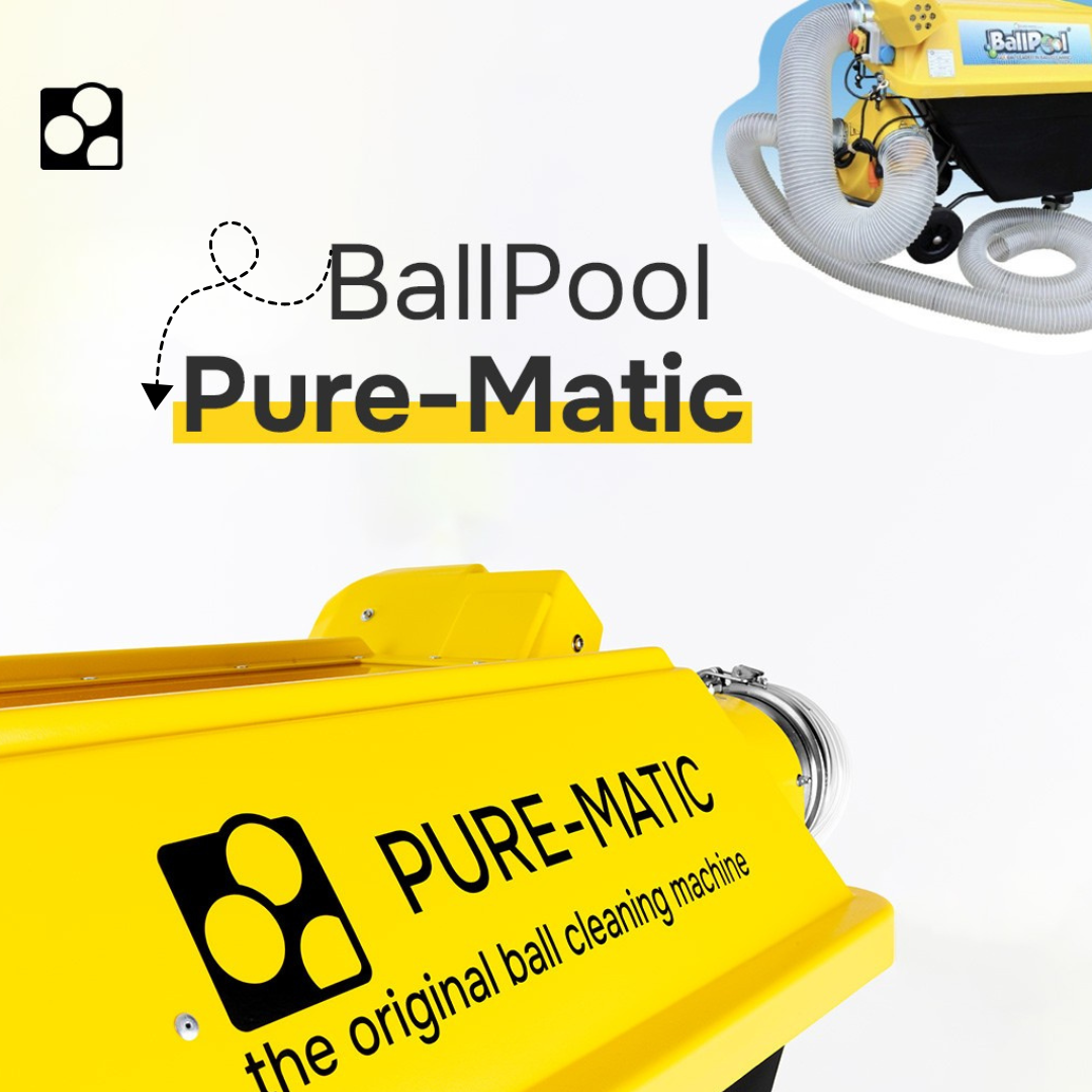 The original BallPool ball cleaning machine and its successor, the new Pure-Matic ball cleaning machine, side by side — from Van Veen Design's original invention to Euro-Matic's Pure-Matic brand